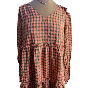 Babydoll Dress tiered V-Neck Smocked Cuffs Long Sleeve Gray coral cottagecore